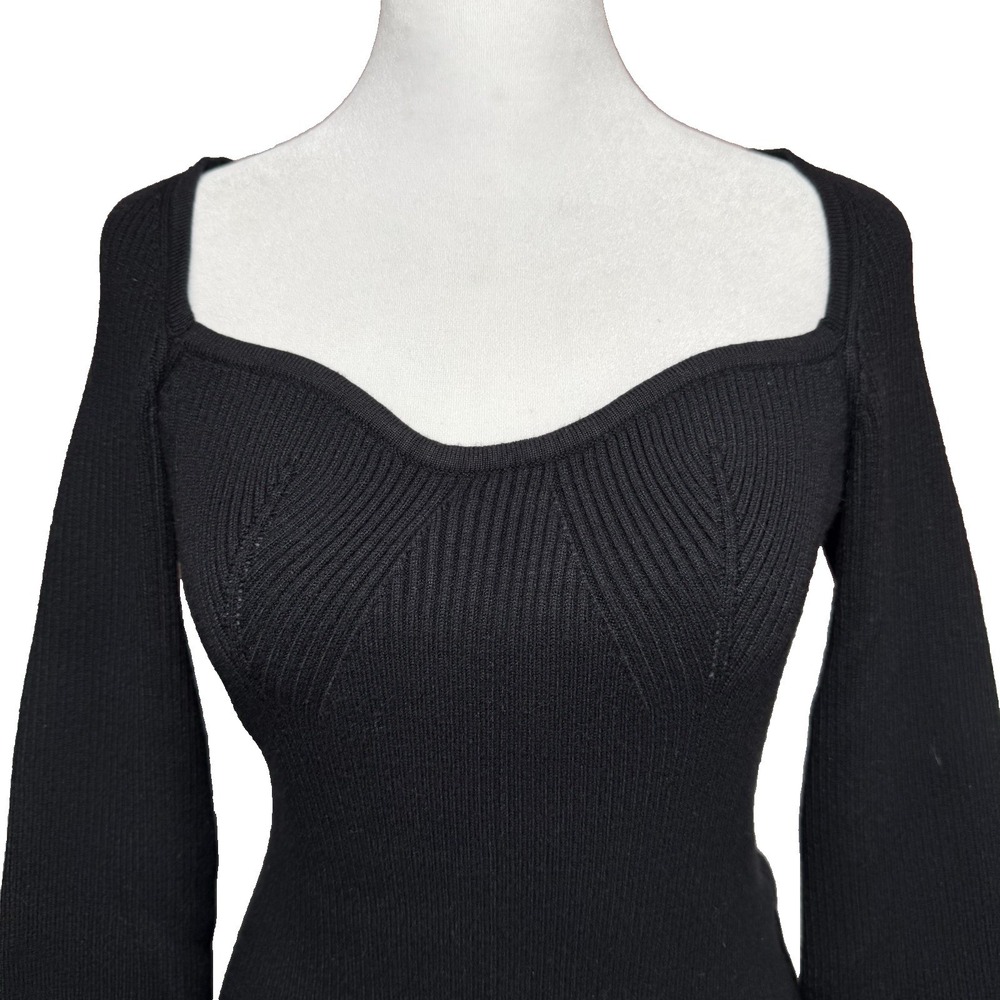 Bodycon Midi Dress Ribbed Size Medium Black ANRABESS Bell Sleeve Sweetheart Neck - Picture 5 of 8